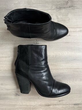 rag & bone Black Leather Ankle Booties with Stacked Heel